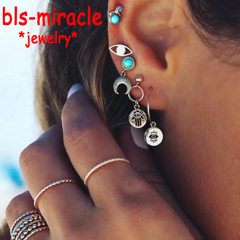 

Bls-miracle Bohemian Blue Evil Eyes Earrings Set For Women Design Vintage Brincos Stone Earrings Female Party Gift Jewelry 2018