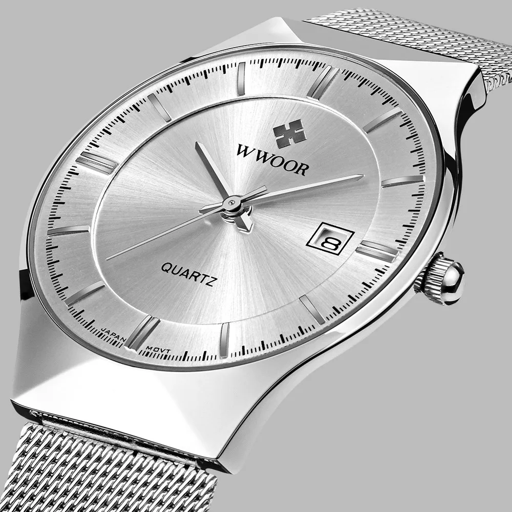 Top marque de luxe WWOOR hommes montres en acier inoxydable bande affichage analogique Quartz montre-bracelet Ultra mince cadran mode robe montre