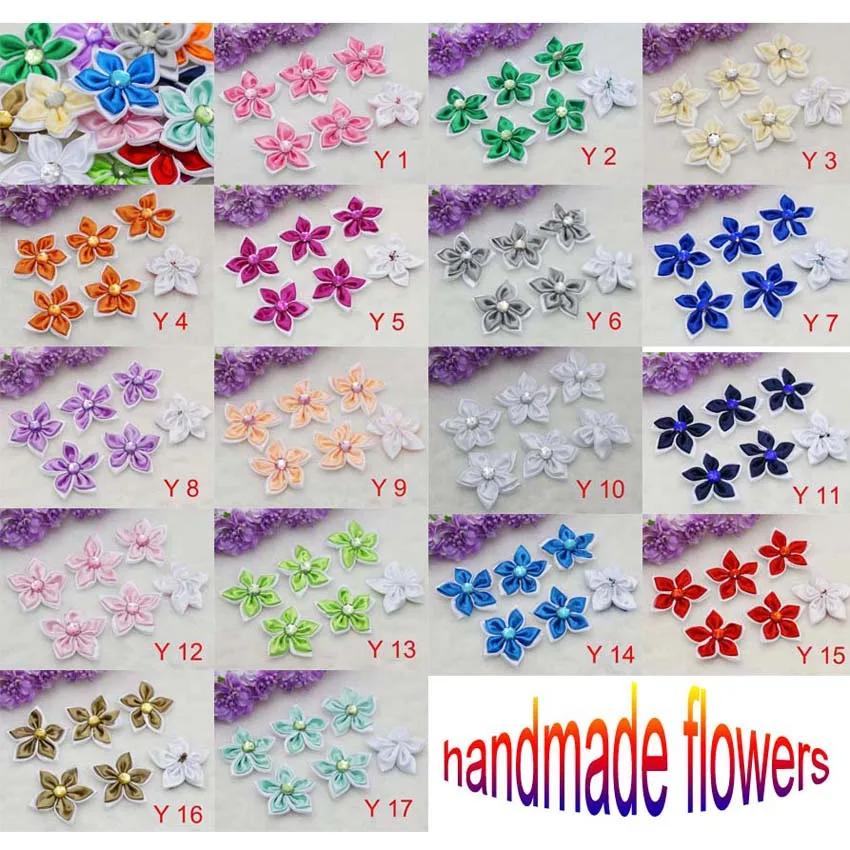 

50pcs 5CM BIG SIZE Mixed color Satin Ribbon Flower with Crystal Bead Appliques Craft Trim wedding party DIY Headwear Hairpins