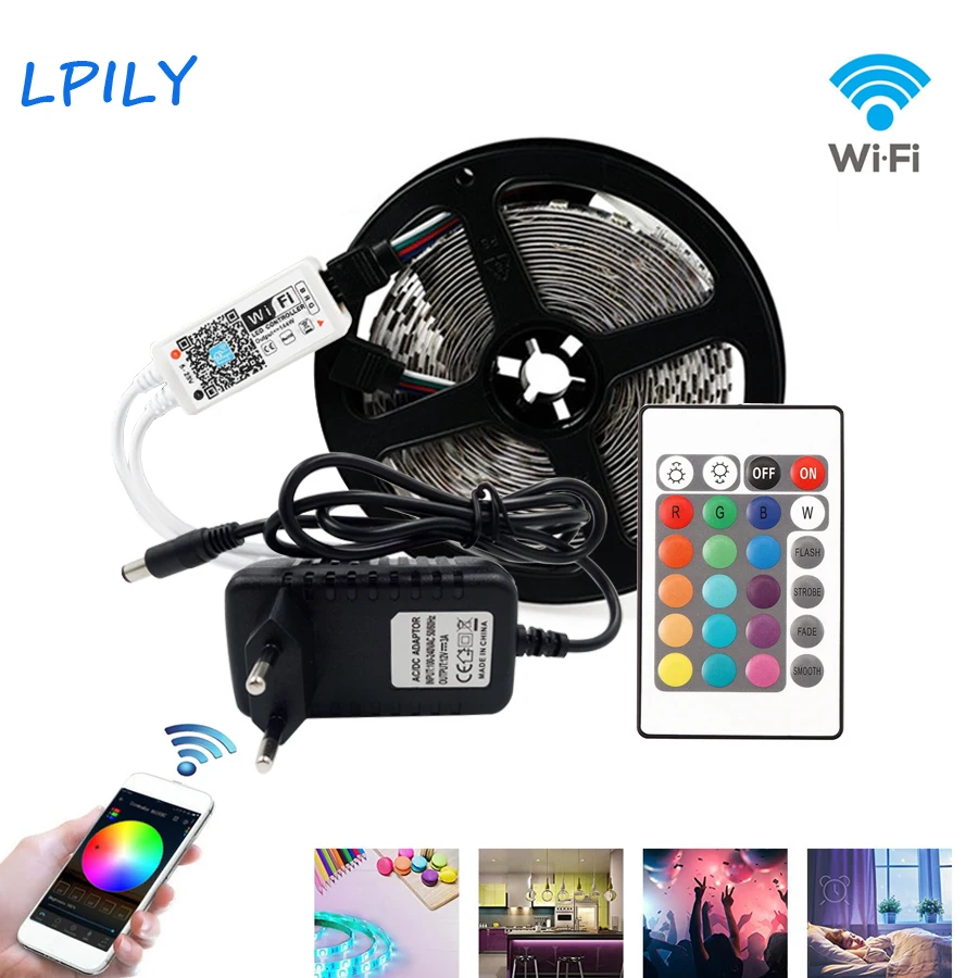 

RGB LED Strip Light 2835 5050 WIFI Led Strip 5M 10M 15M 20M rgb Led Diode Tape DC 12V Led Ribbon tape with 24 k Wifi Remote Kit