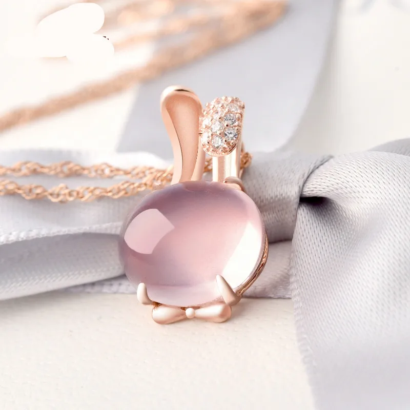 

Pink Crystal Rabbit Pendant Female Furong Stone 925 Sterling Silver Simple Clavicle Chain Crystal Rose