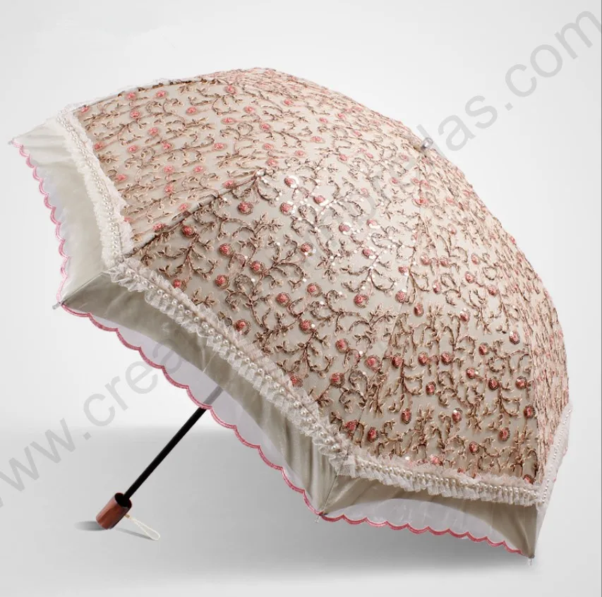 

Two fold full rose embroidery drag umbrellas 5 times black coating UPF>50+ anti-UV ladies' princess flower lacing yarn parasol