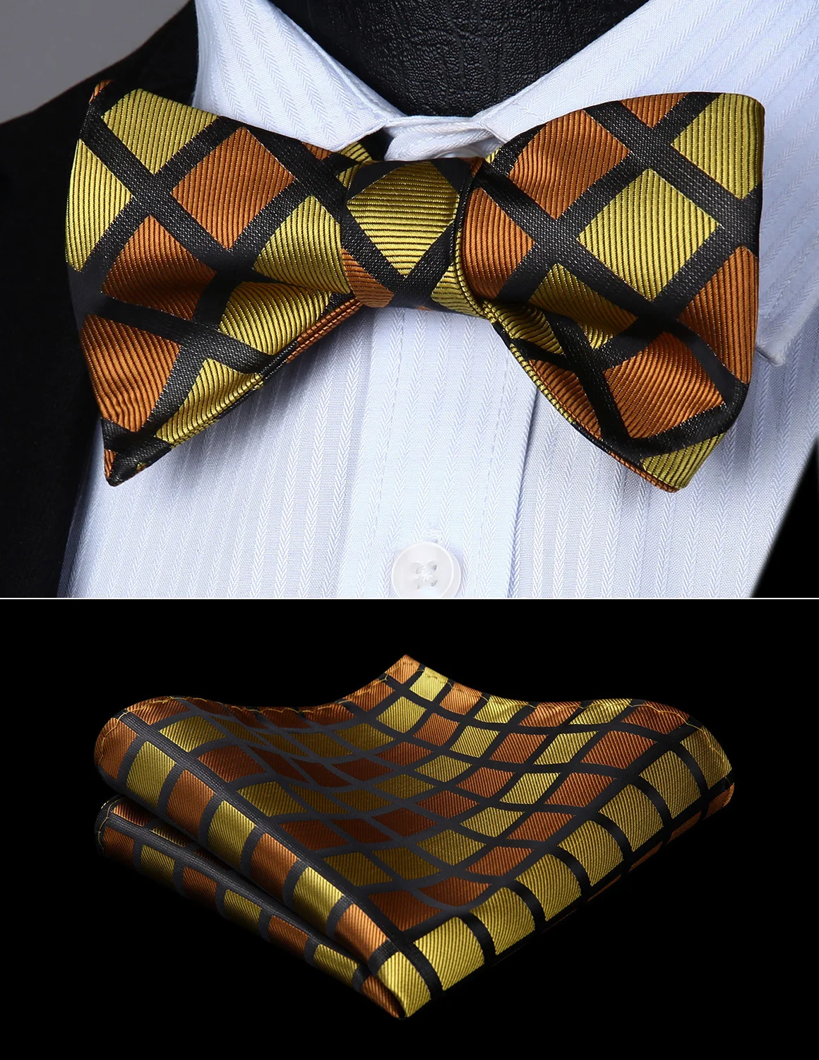 Bow Tie handkerchief set Men WovenParty Wedding Yellow Black Check