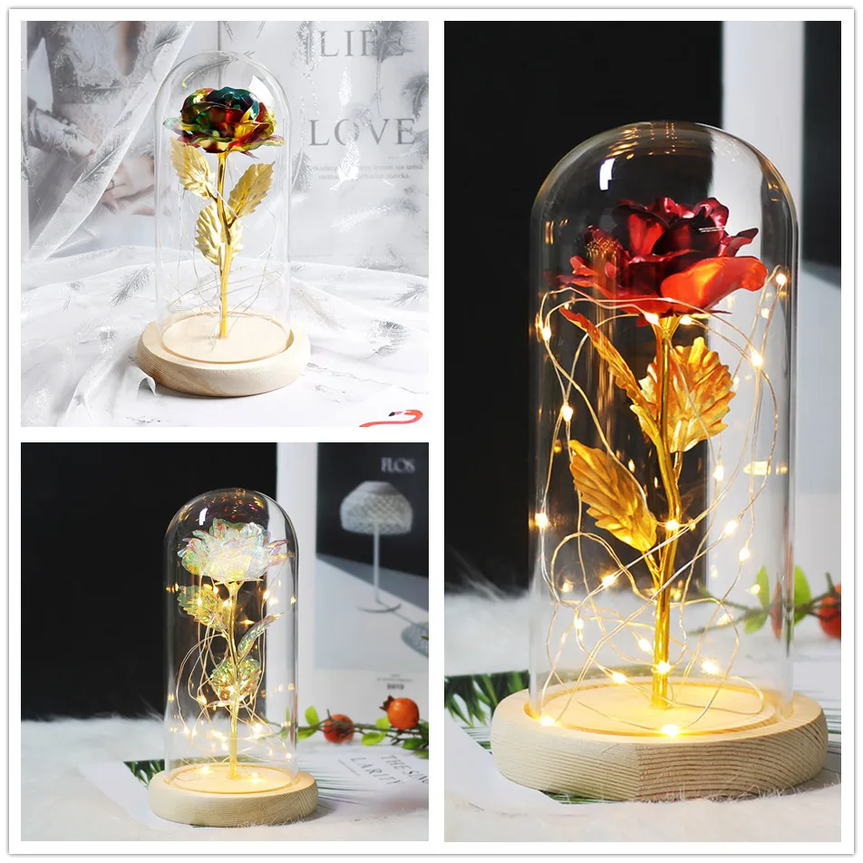 LED Gold Rose In Flask Glass Dome Beauty And The Beast Red Rose Decorative Flowers Wreaths For Valentine Gift Mother Day Gifts