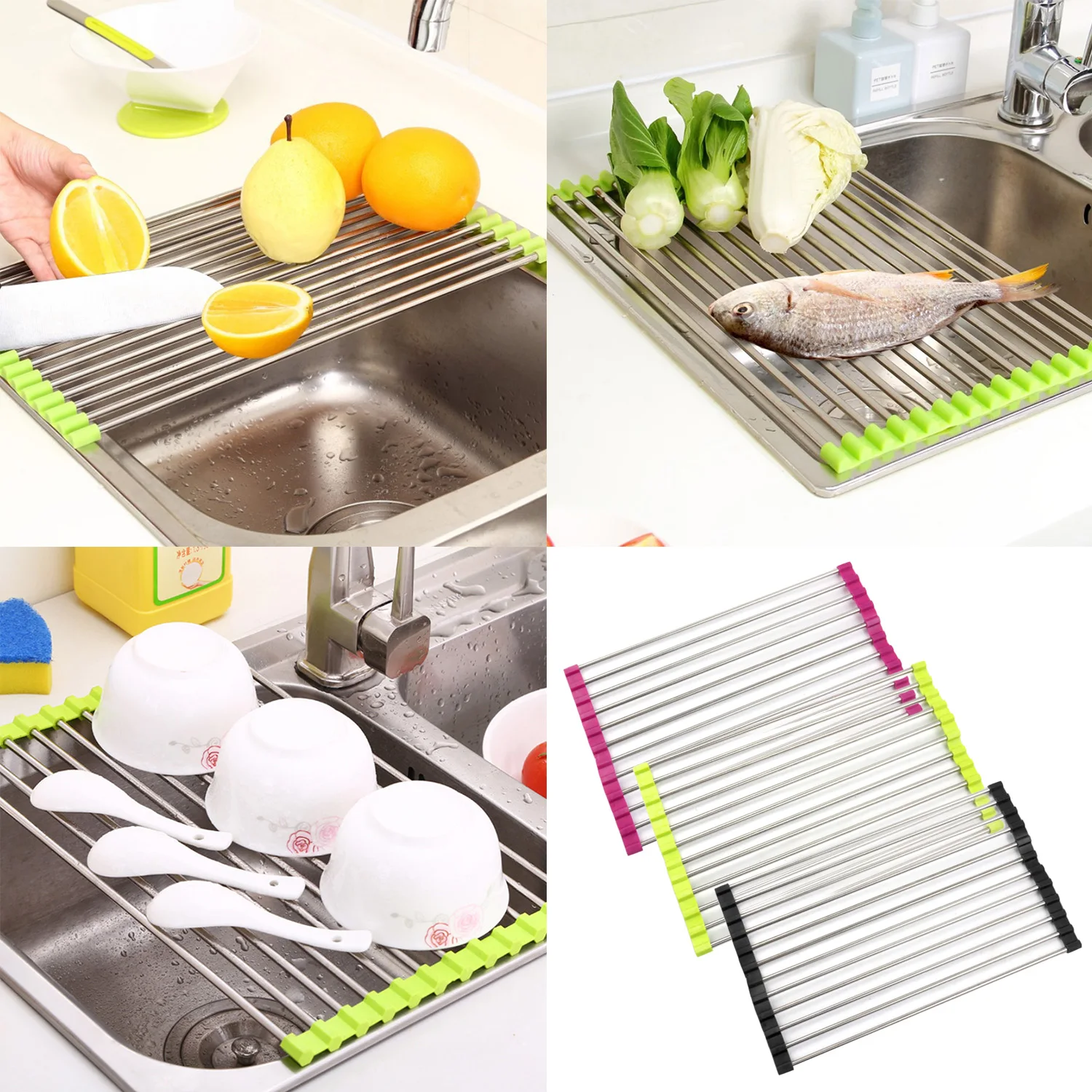

Behogar Foldable Roll-up Stainless Steel Kitchen Sink Dish Fruit Vegetable Storage Drain Drying Rack for Home Apartment 37x23cm