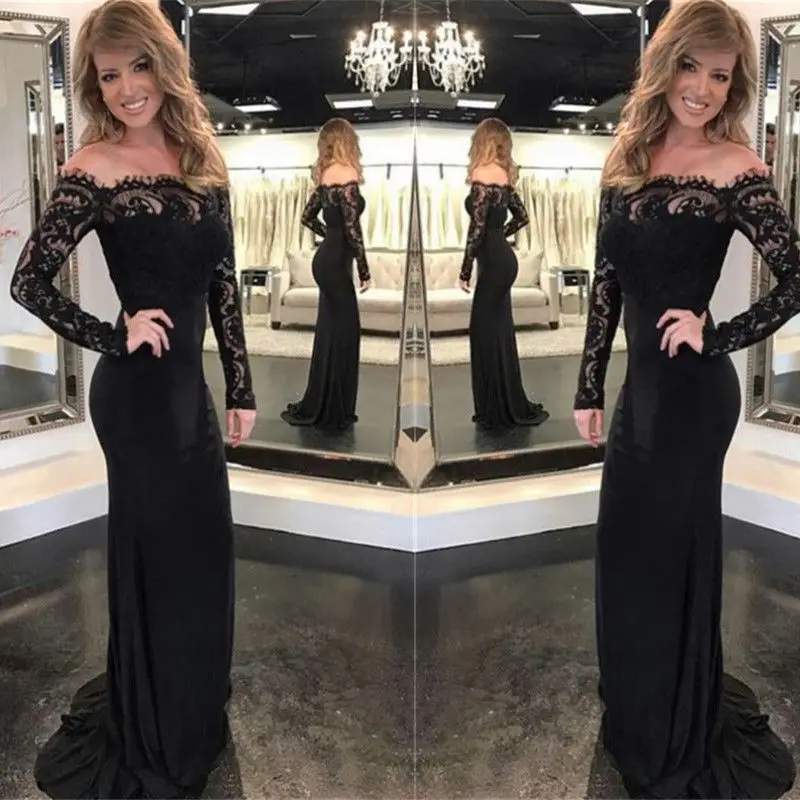 

Formal Evening Party Fashion Sexy Long Sleeve Off Shoulder Slash Neck Lace Floral High Waist Skinny Black Floor-Length Dress