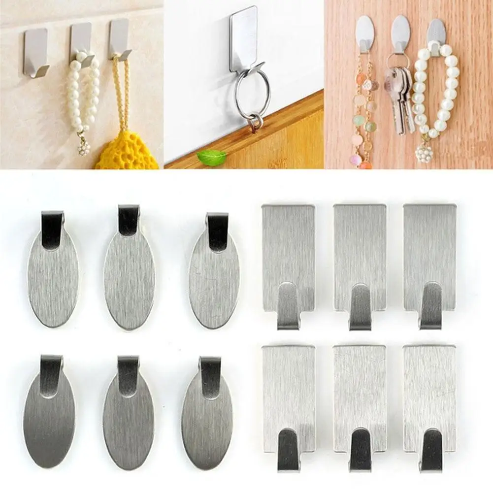 

6Pcs Stainless Steel Self-Adhesive Door Wall Bathroom Kitchen Home Hanger Hook Hot
