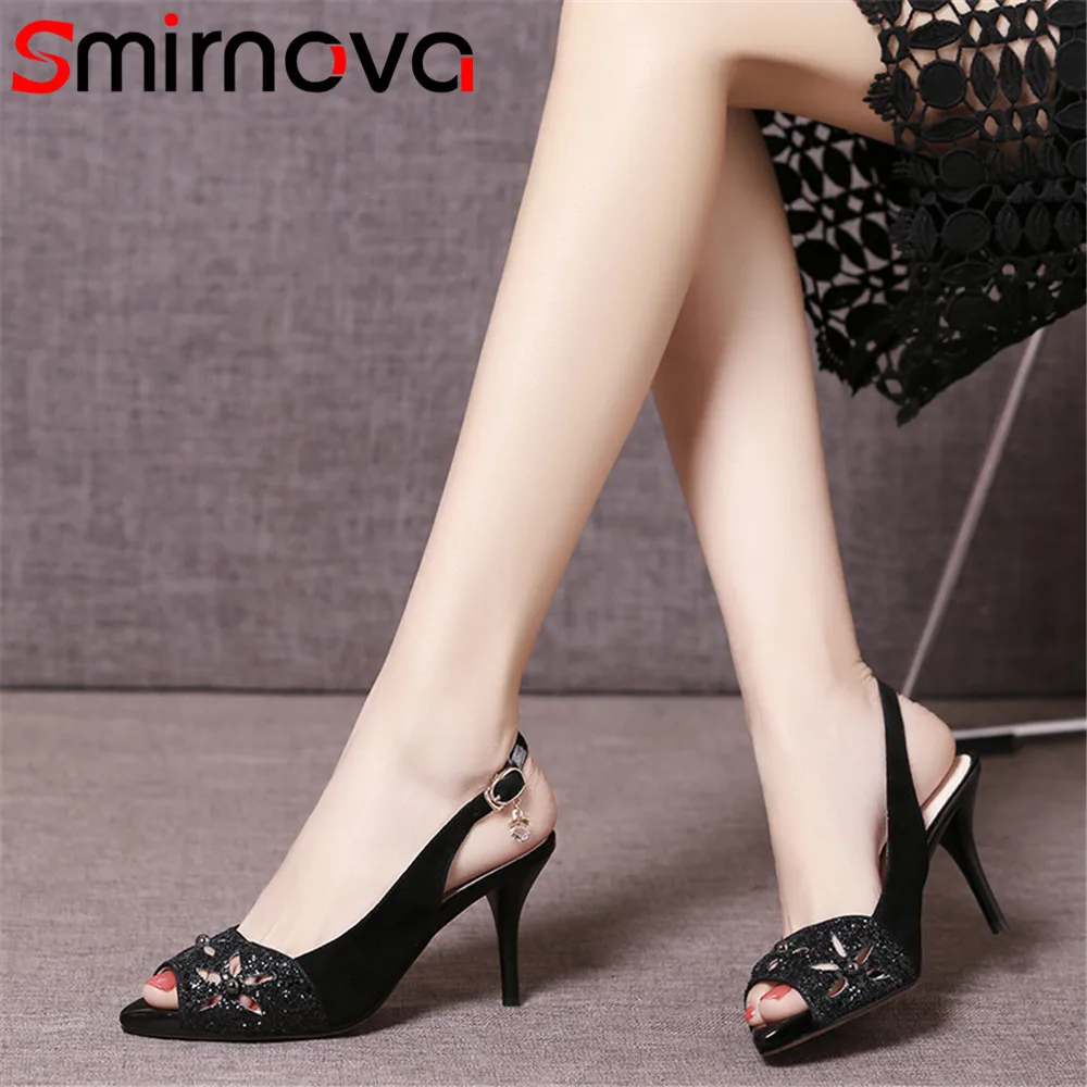 

Smirnova fashion summer shoes woman prom wedding women sandals buckle peep toe slingback suede leather high heels shoes