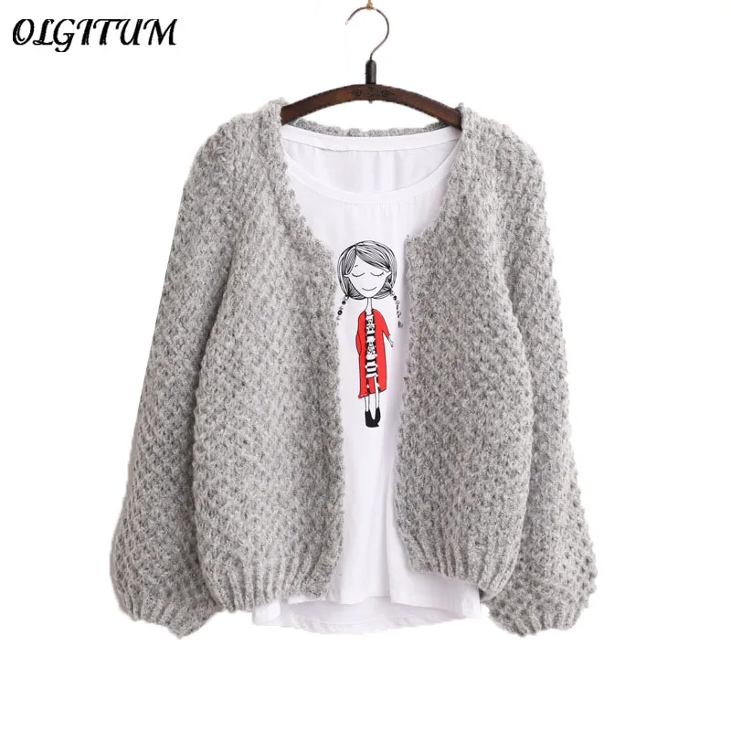 

2019 Autumn winter New Women Korean short Cardigan Crochet Casual Oversized Knitted Coat bat sleeve Thick Cardigan sweater