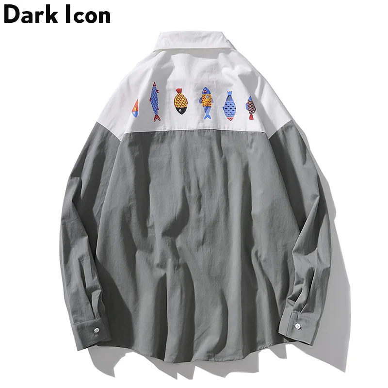 Мужские рубашки в стиле Харадзюку с темным значком и цветными блоками, мужские рубашки с отложным воротником, новые уличные повседневные мужские рубашки с длинным рукавом