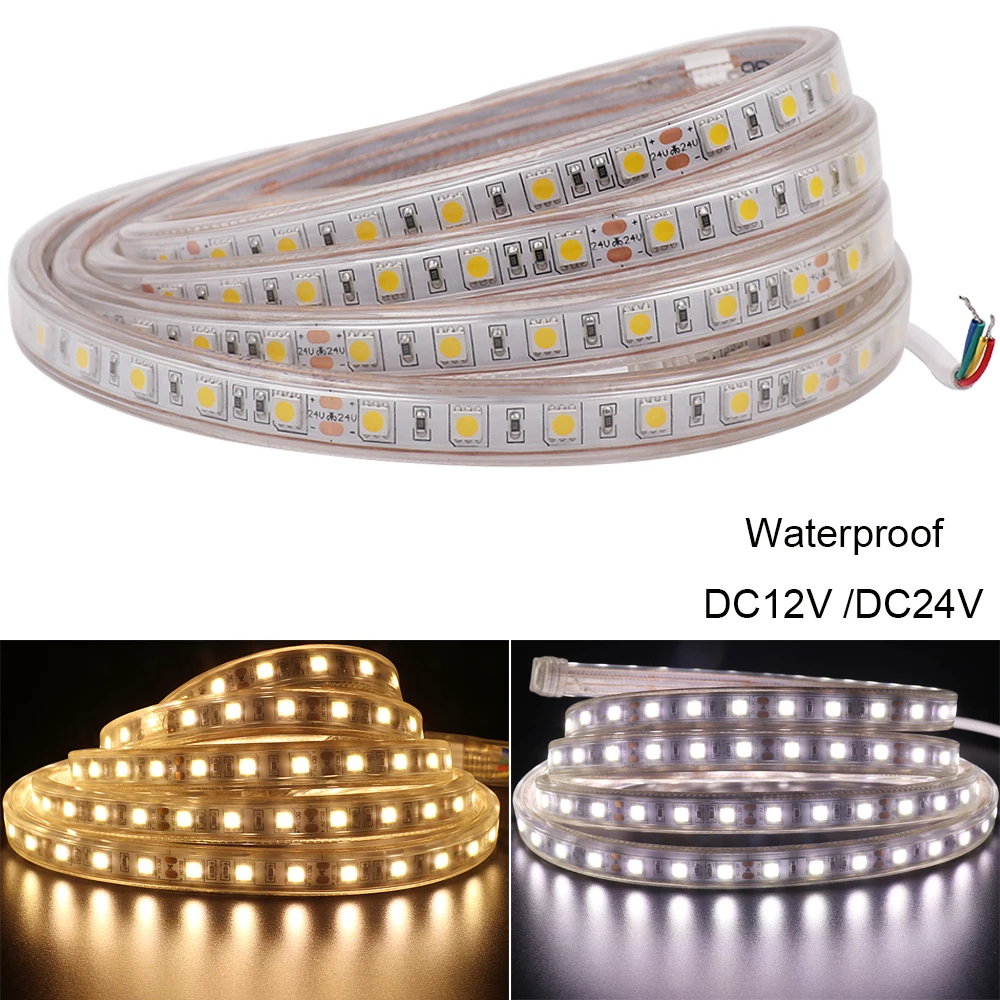 

DC12V SMD 5050 LED Light Strip 60LEDs/m Waterproof Ribbon Tape 24V Flexible LED Strip indoor outdoor decoration With Connector