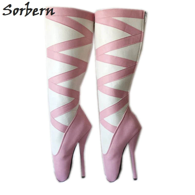 

Sorbern Pink And White Knee High Boots Women 18Cm Ballet High Heel Shoes Sm Unisex Booties Custom Wide Fit Leg Back Zipper