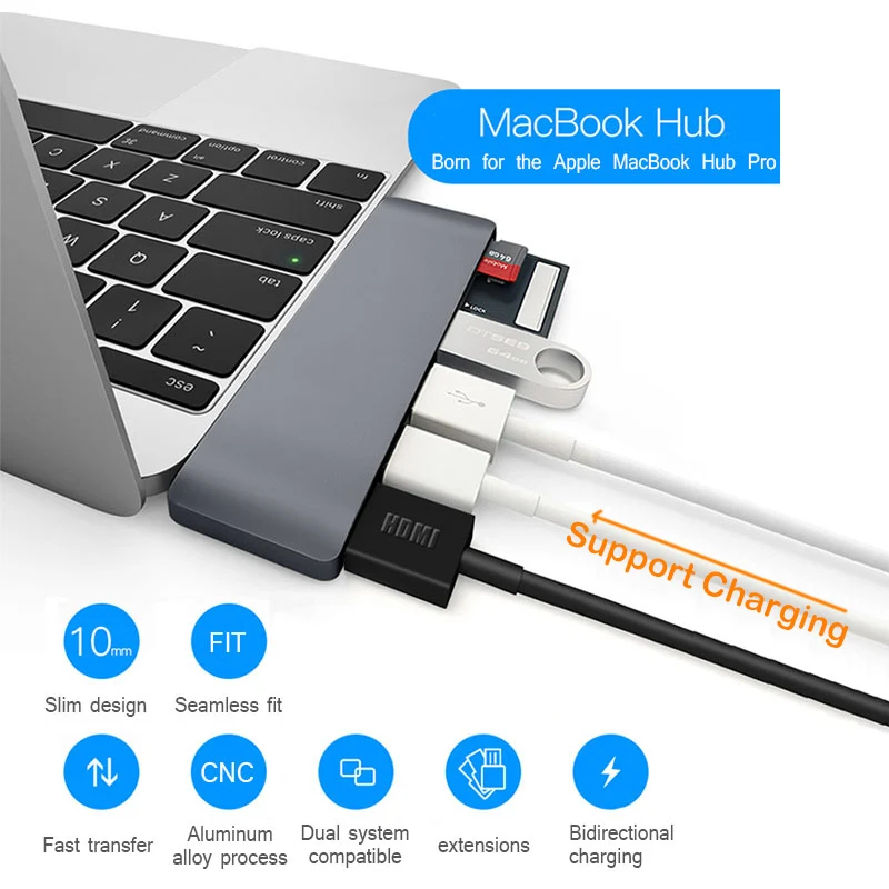 4K usb-хаб Зарядное устройство USB 3,0 Алюминиевый Usb C концентратор HDMI Тип C концентратор разветвитель адаптер TF Micro SD кард-ридер для Macbook Pro 6 портов