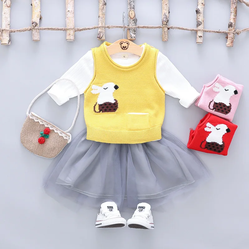 

Princess Baby Girls Children Clothing Sets Spring Suit Girl Set For Knitting Vest+White T-shirt +Net Veil Skirt Kids Clothing