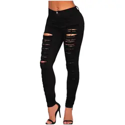 Женская мода хлопок женщины джинсовые Узкие брюки Зауженные джинсы Мотобрюки с рваные вырез, черный L