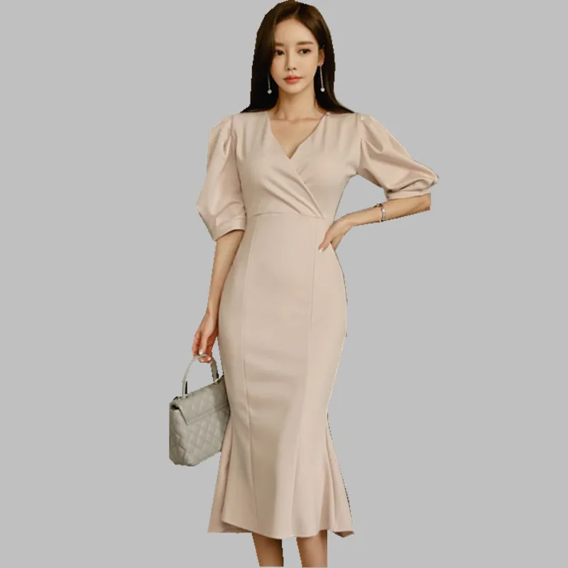 JSXDHK High Quality Office Ladies Puff Sleeve Dress Summer Women Bodycon Ruffles Midi Party Fashion Slim V Neck Vestidos | Женская