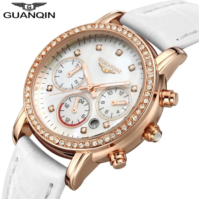 GUANQIN модные женские часы лучший бренд класса люкс кварцевые часы с бриллиантами кожа девушка часы Женское платье наручные часы Reloj Mujer A - Цвет: E