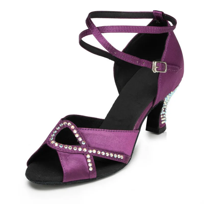 

Women's New Rhinestone Satin Latin Dance Shoes Ladies Black Purple Color Sexy Latin Ballroom Tango Salsa Party Dancing Shoes