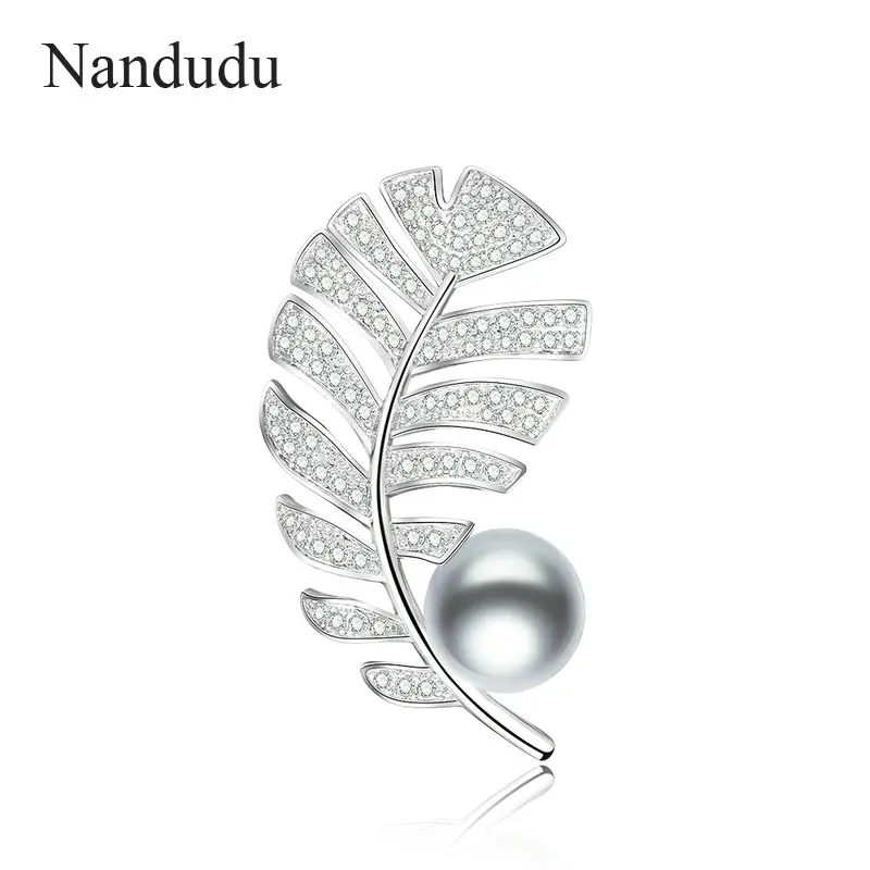 Nandudu Large Leaves Feather Brooch with Gray Simulatd Pearl Silver Color Exquisite Fashion Wholesale Price Gift X331 | Украшения и