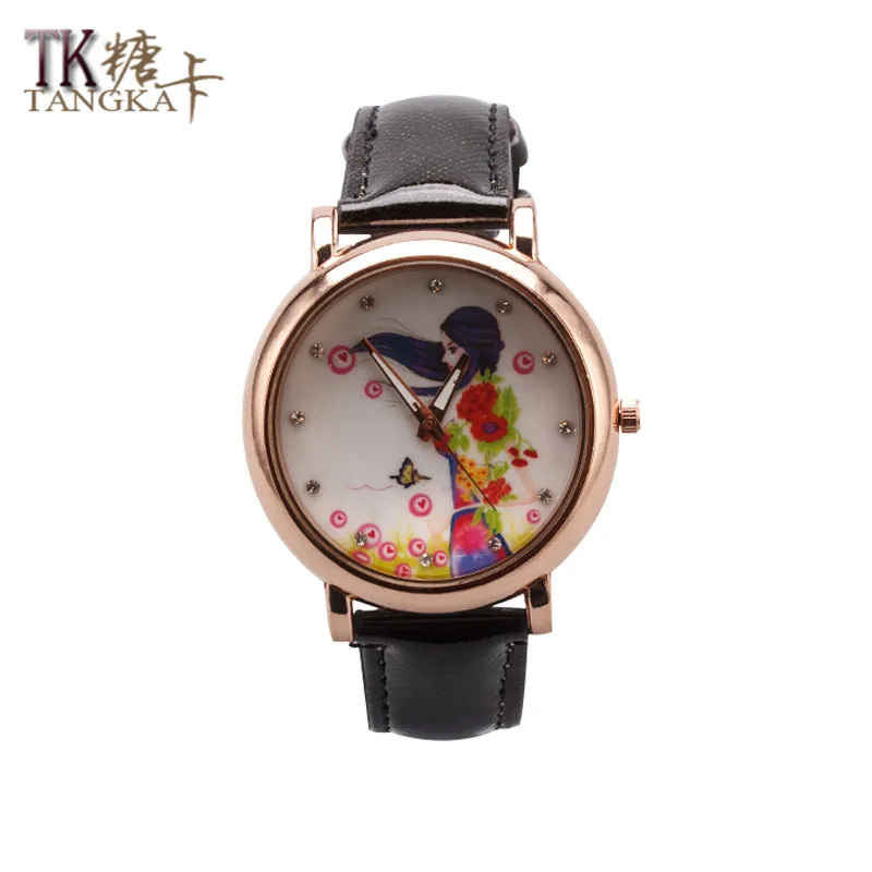 

new fashion women watch girl pattern clock shows quartz watch artificial leather strap