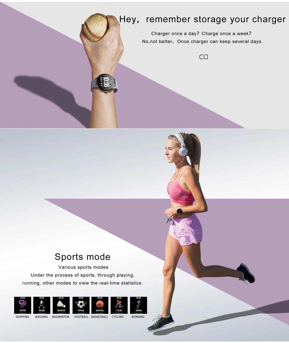Sport watch smart tempered glass, waterproof, Android IOS Charging