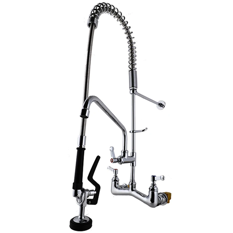 Commercial Sink Kitchen Faucet Pull Down Pre-rinse Sprayer 8'' Center Wall Mount with add-on Swing Spout , Chrome Finished