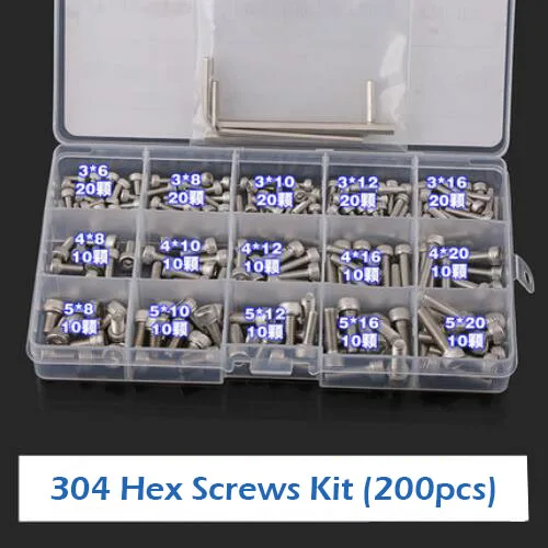 

200Pcs/set DIN912 M3 M4 M5 304 Stainless Steel Hexagon Socket Head Cap Screws Bicycle Hex Bolts Assortment Kit