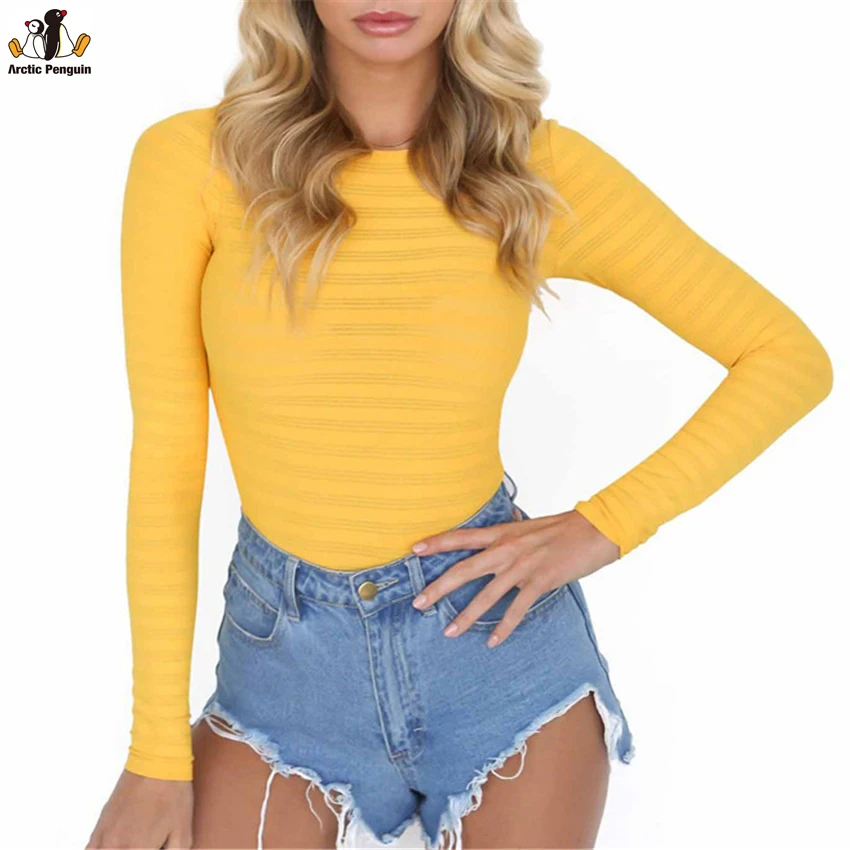 Sexy Bodysuit Autumn Women O Neck Long Sleeve Striped Hollow Out Yellow