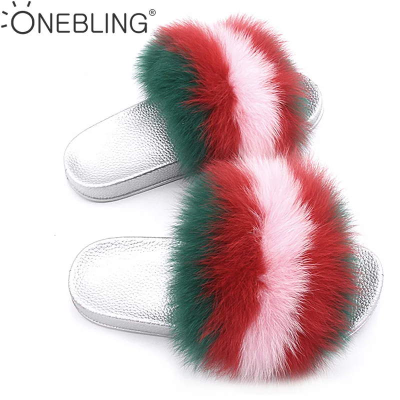 One Bling Plus Size 36 43 Summer Women Sandals Fashion Striped Fuzzy Faux Fur Flat Slippers Soft 