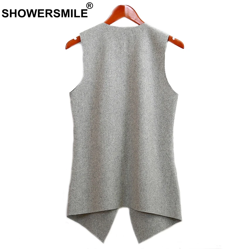SHOWERSMILE Slim Fit Wool Vest For Women Autumn Open Front Grey Sleeveless Waistcoat Female Jacket Long Casual Blazer