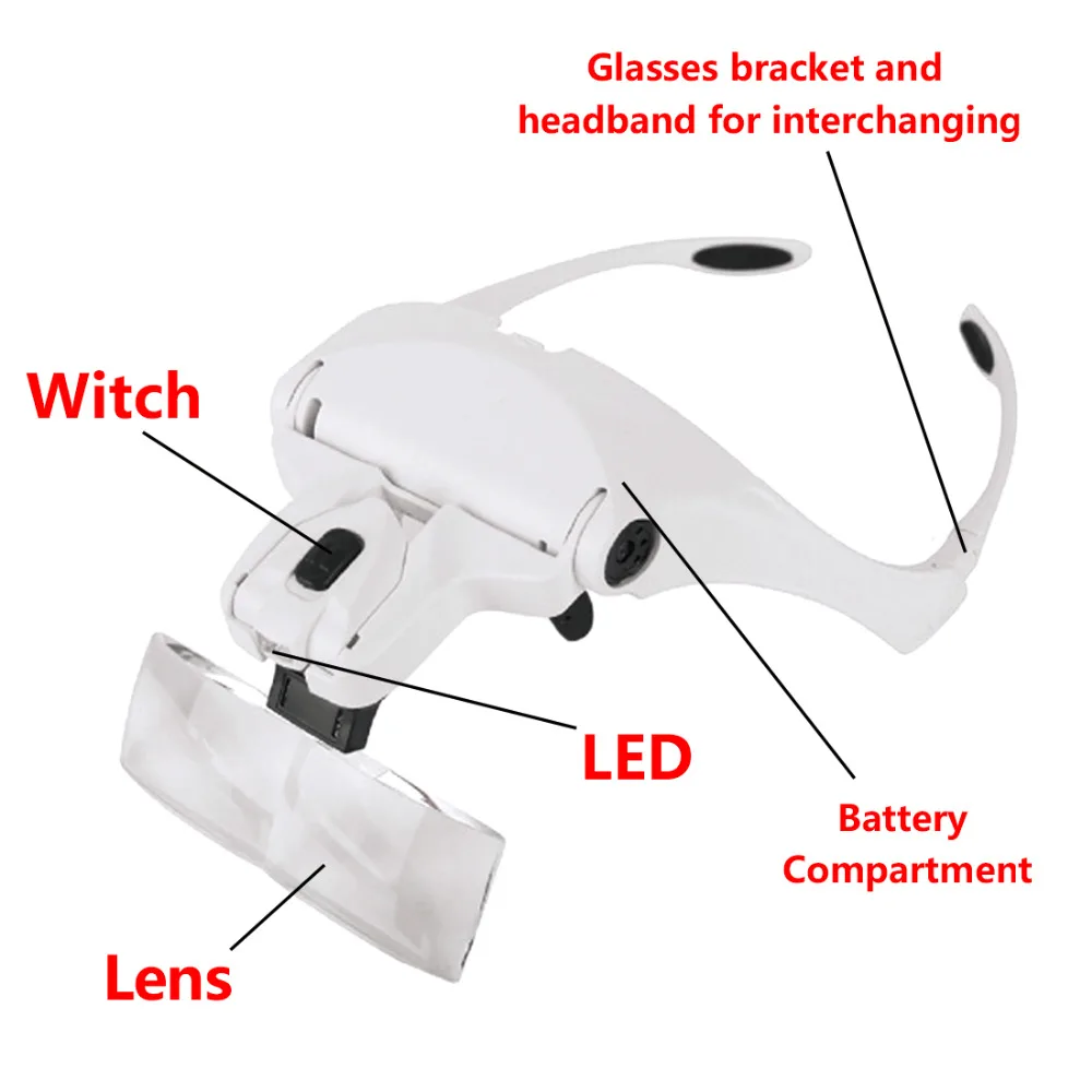 Лупа Стекло, регулируемый 5 объектив лупа очки лупа с светодиодный светильник, головная повязка светодиодный увеличительное стекло для чтения, посмотрите