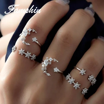 

FAMSHIN 5Pcs/Set Fashion Vintage Rings for Women Tiny Crystal Moon Finger Knuckles Ring Set Alliance Female Jewellery Party Gift