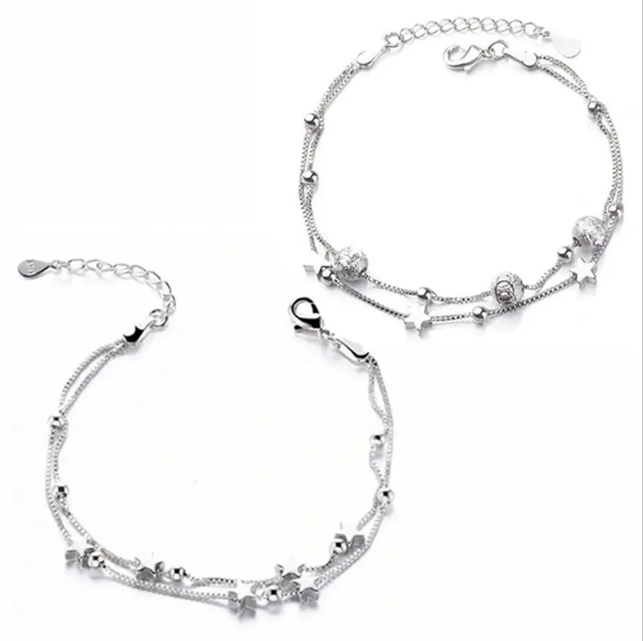

925 Sterling Silver Double Box Chain Matte Stars Bracelets For Women Fashion Lady Hypoallergenic Sterling-silver-jewelry