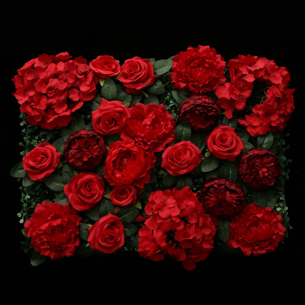 5pcs Artificial Rose Peony Hydrangea Flower Wall Panels Backdrop Red