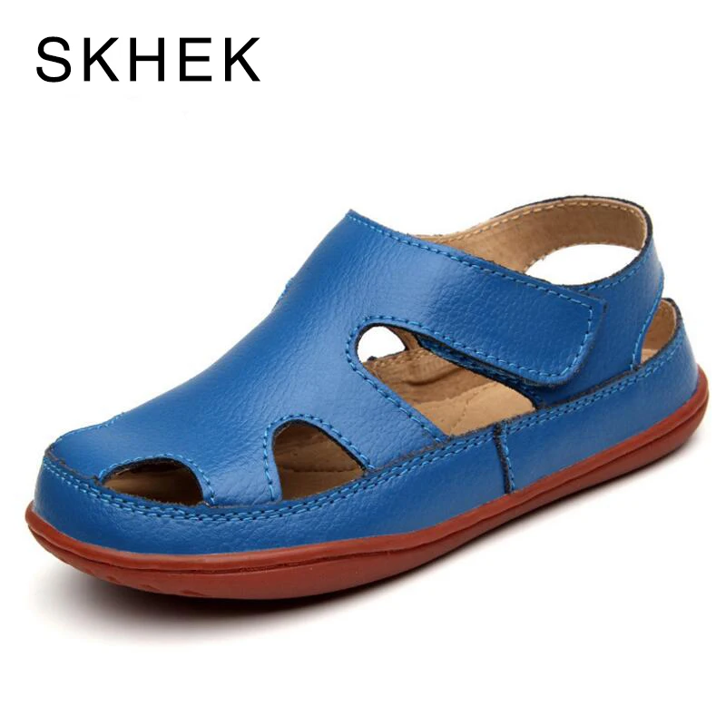 

SKHEK Size25-36 Genuine Leather Casual Kids Sandals 2018 Summer Toddler Boys Beach Shoes Flat Little Girls Gladiator Sandals