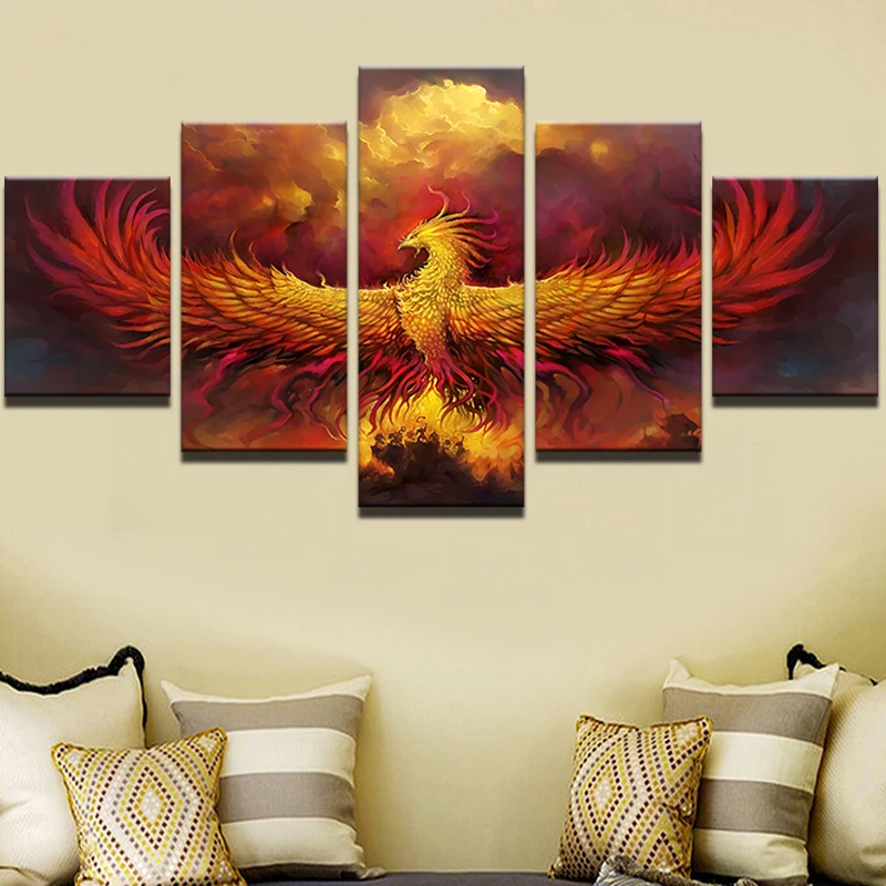 Холст абстрактная живопись модульная настенная живопись 5 шт. огонь феникс птица картины гостиная домашний декор HD Печатный плакат рамки