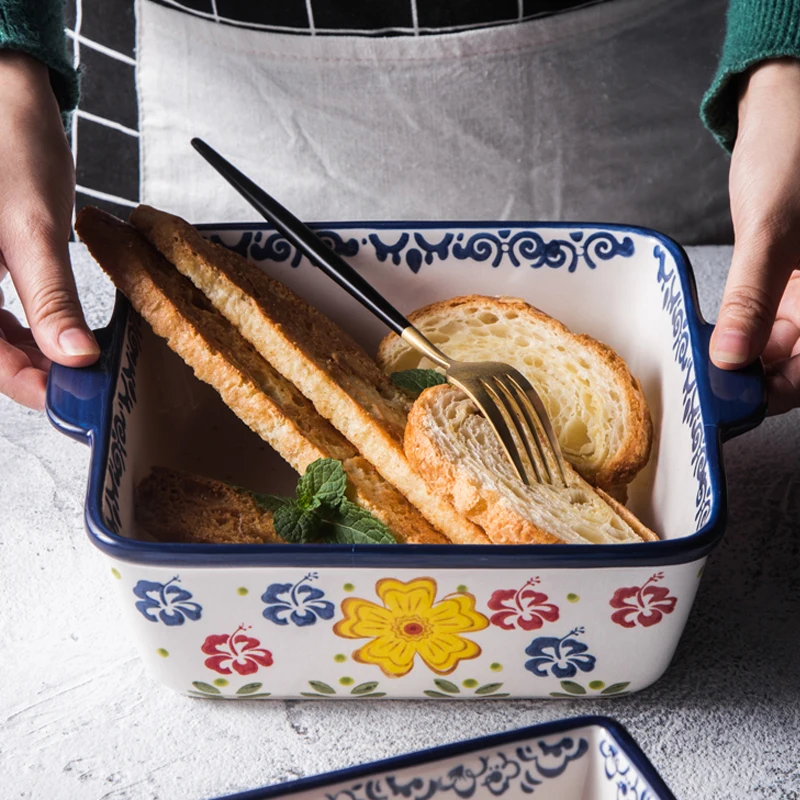 Creative Rectangular Ceramic Baking Plate Double-eared Oven Cheese Bowl Household Large Soup Deep |