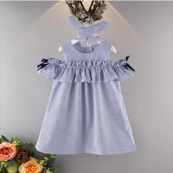 

Children's wear 2019 summer new Korean girls off-the-shoulder striped dress (send belt) princess dress