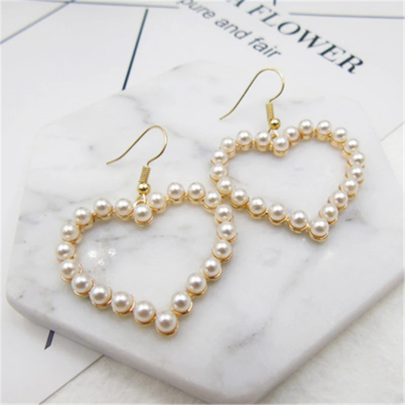 

New Arrival Gold Color Love Heart Drop Earrings For Women Korean Style Imitation Pearl Drop Earring 2019Fashion Party Jewelry