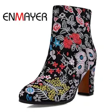 ENMAYER/модные теплые зимние женские ботинки в европейском стиле ботинки на высоком квадратном каблуке обувь с вышивкой Женские Кожаные Туфли с круглым носком