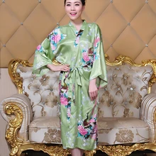 Светло-зеленый большой размер, сатиновый Для женщин халат ночная рубашка с принтом кимоно для подружки невесты юката банный халат с цветочным рисунком, одежда для сна, халат 010433