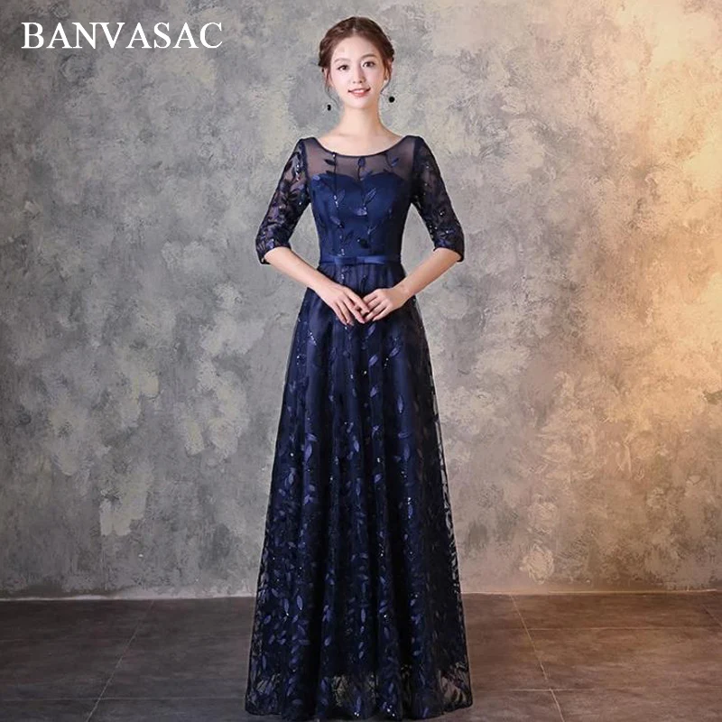 

BANVASAC 2018 Bow Sash Illusion O Neck Long Evening Dresses Party A Line Lace Sequined Appliques Half Sleeve Prom Gowns