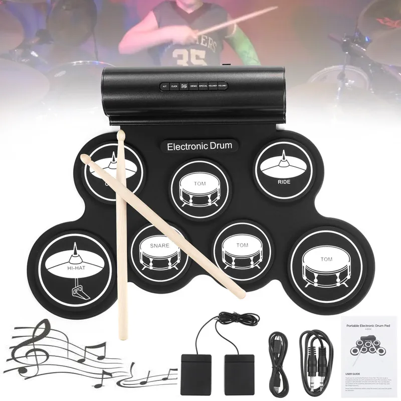 Электронный барабан цифровой USB MIDI 7 подушечек свернутый набор силиконовый Электрический барабанный коврик Встроенные динамики с барабанными палочками Sustain Pedal