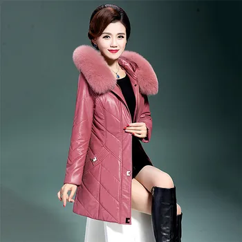 

2018 Rushed Women Winter Leather Jacket Fox Fur Collar Overcoat Mid-length Parkas Lady L-7xl Warm Coat Female Outerwear No492