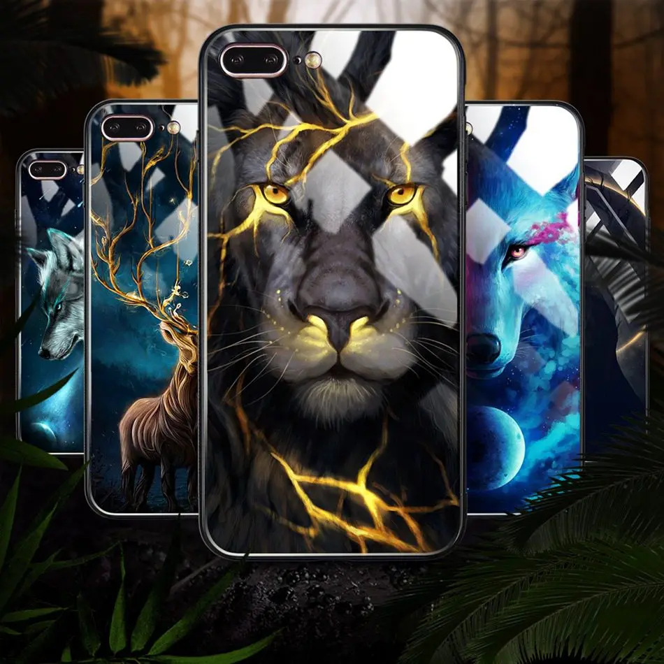 

Star space lion tiger Wolf Animal Cover Case for iPhone X XR XS Max 8 7 6s Plus Tempered glass phone case for Samsung Galaxy s8