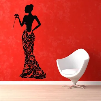 

Wall Decal Vinyl Sticker Beauty Salon Girl Elegant Dress Fashion Woman With A Rose Wall Art Decor Removable Mural Poster