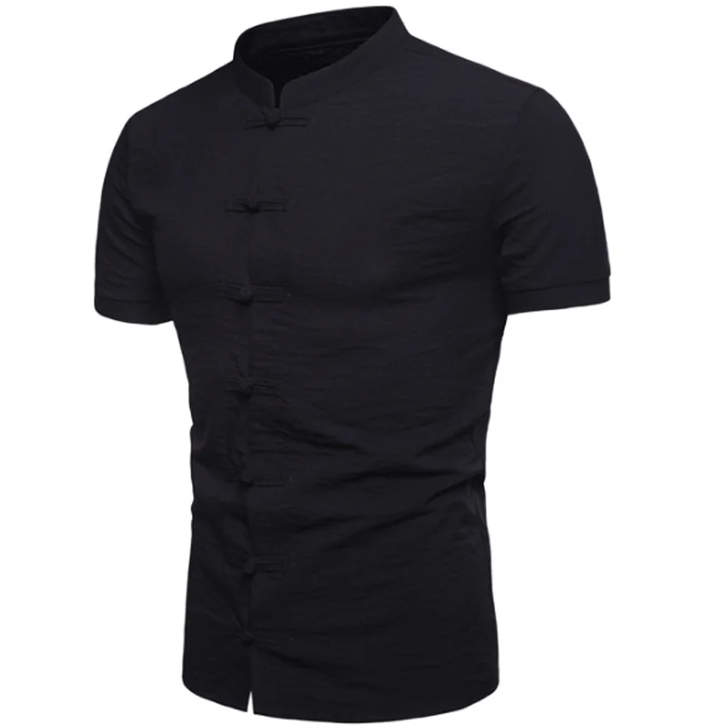 Новая мода Для мужчин; короткий рукав Повседневное рубашка воротник-стойка одежда рубашки Китайский Завязанный button Slim Fit хлопковые рубашки