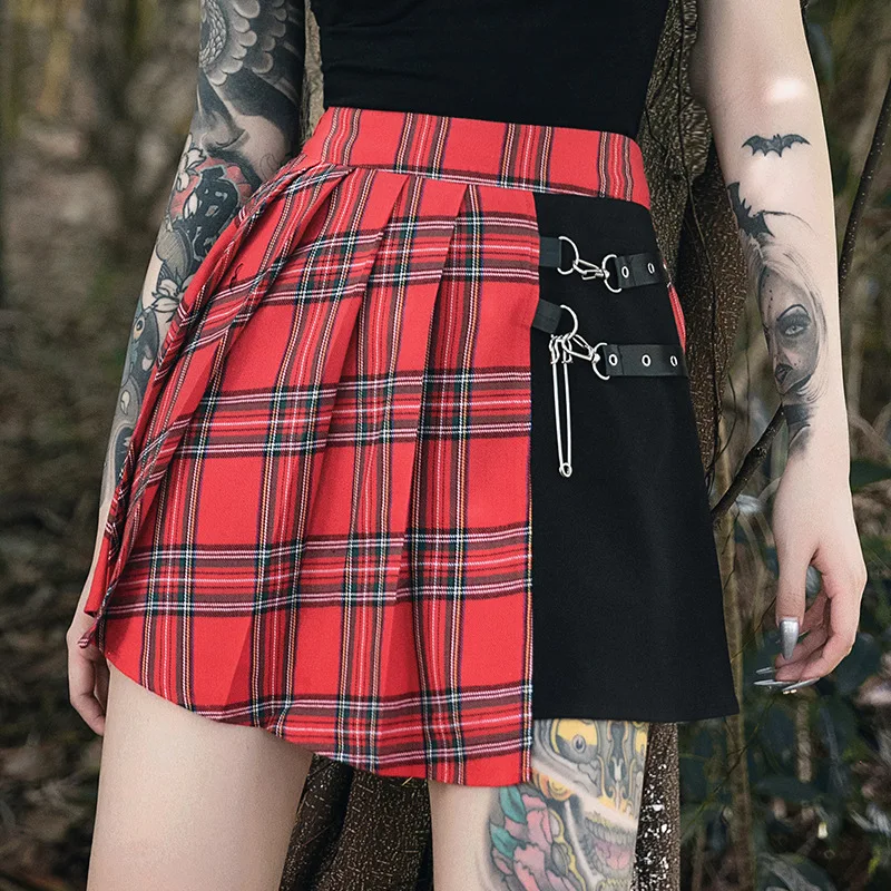 

Gothic Style Red Plaid Mini Skirt Women High Waist Pleated Short Skirts Girls Dark Kawaii Asymmetric Skirts with Leather Strap