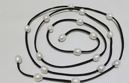 

Free shipping Black Leather long necklace white Freshwater pearl 48INCH 10x12mm