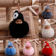 Bébé poupée jouet DropshipCute dormir bébé poupée porte-clés pour les femmes sac jouet porte-clés moelleux Pom pom fausse fourrure en peluche porte-clés